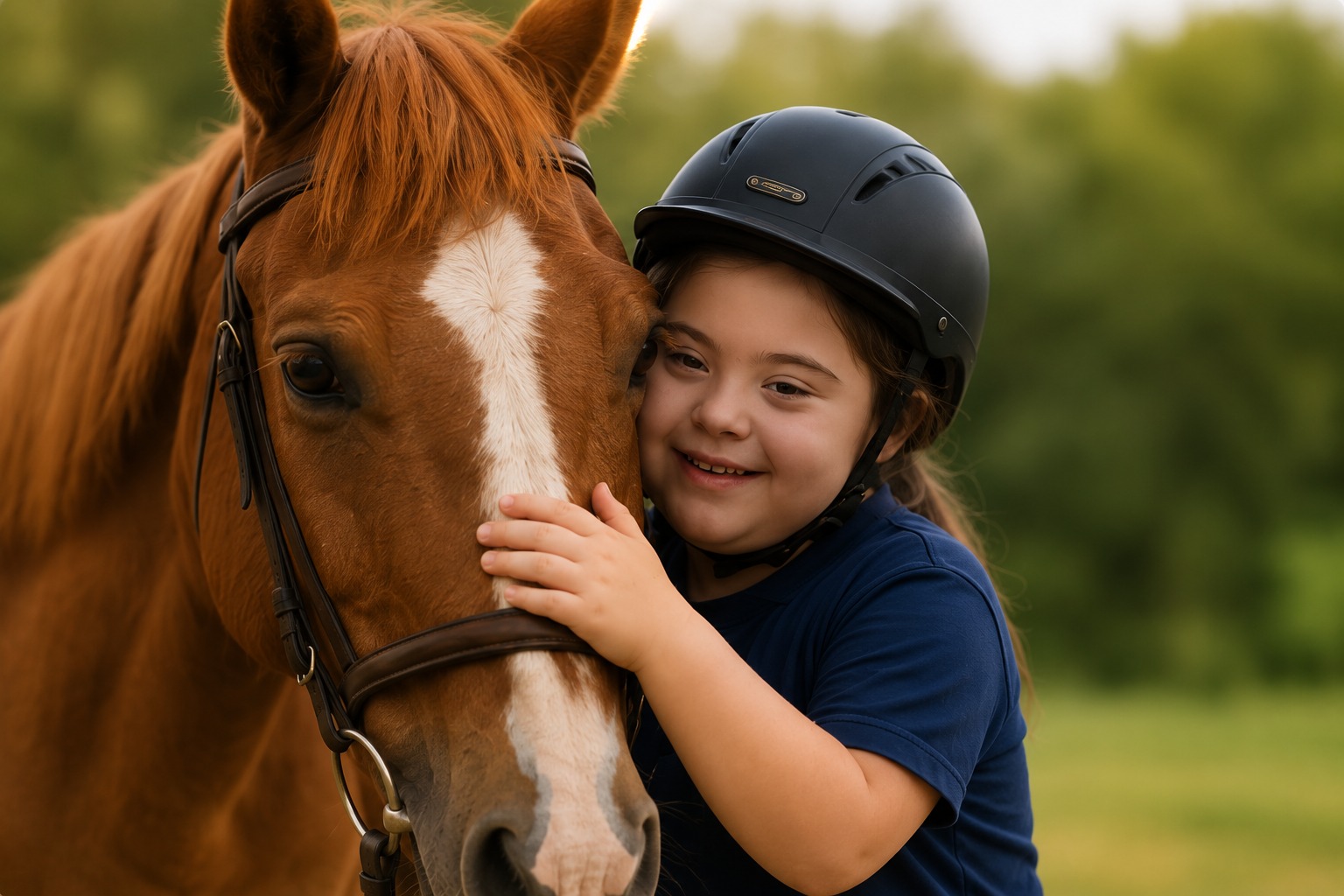 Criança abraçando um cavalo durante a equoterapia