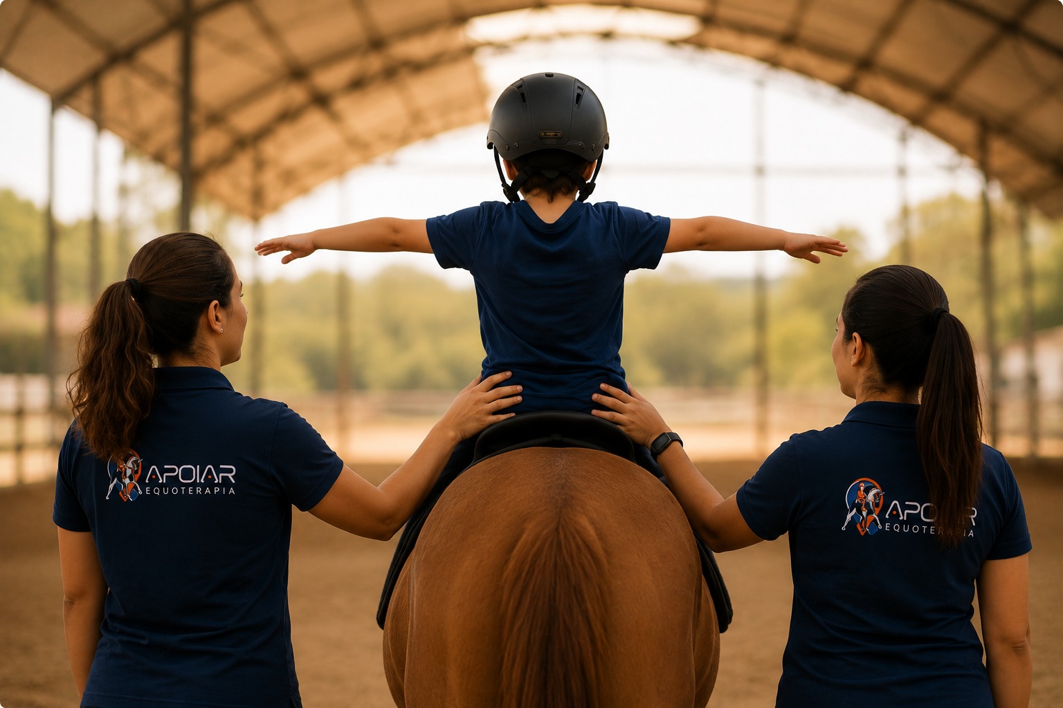 Sessão de equoterapia com cavalo treinado e terapeutas