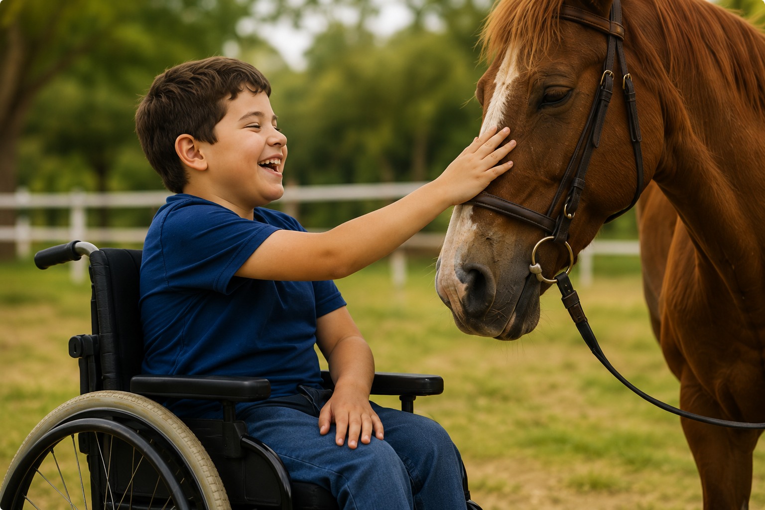 Criança interagindo com cavalo na Apoiar Equoterapia