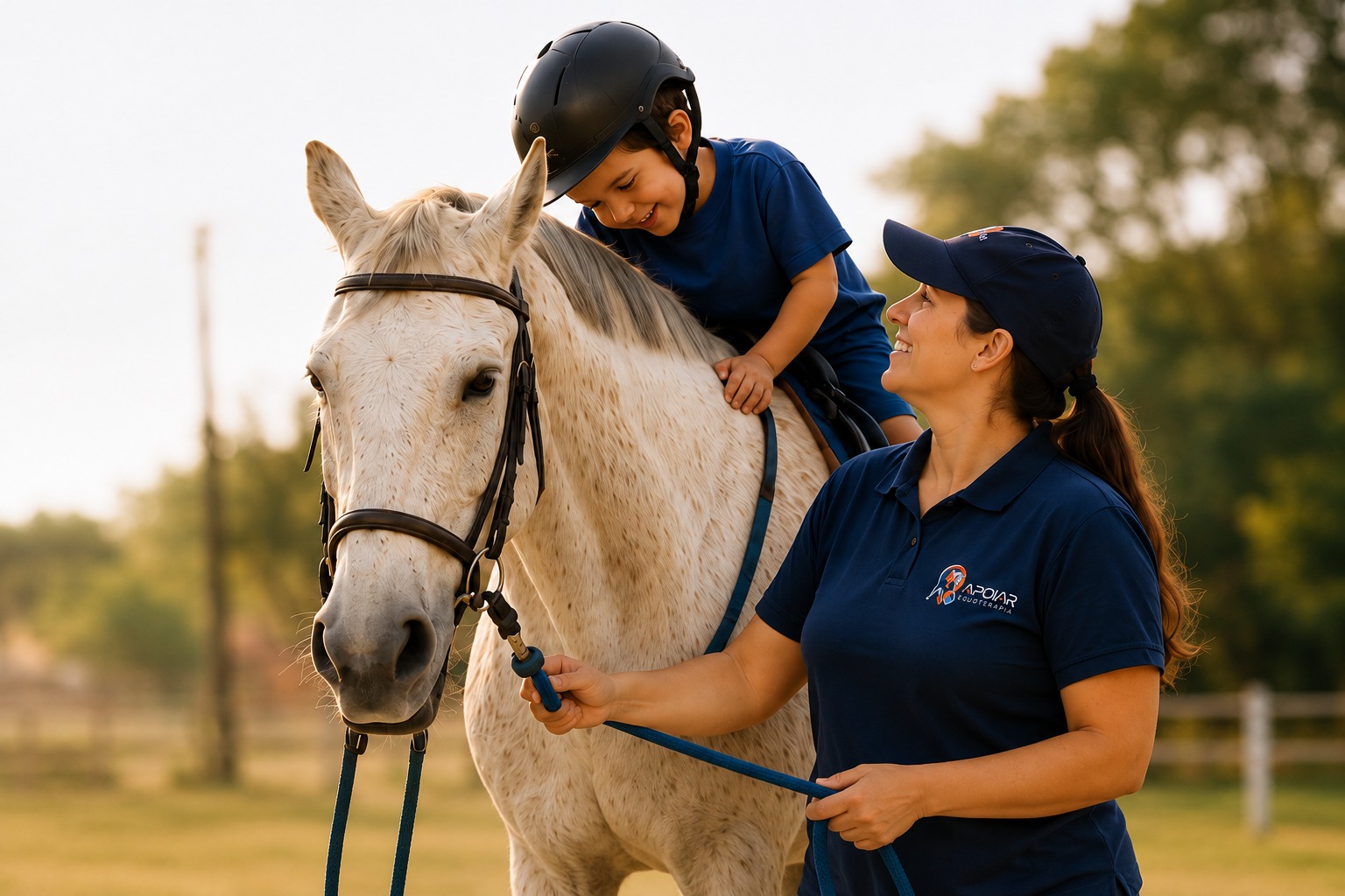 Criança em sessão de equoterapia com cavalo branco e terapeuta da Apoiar