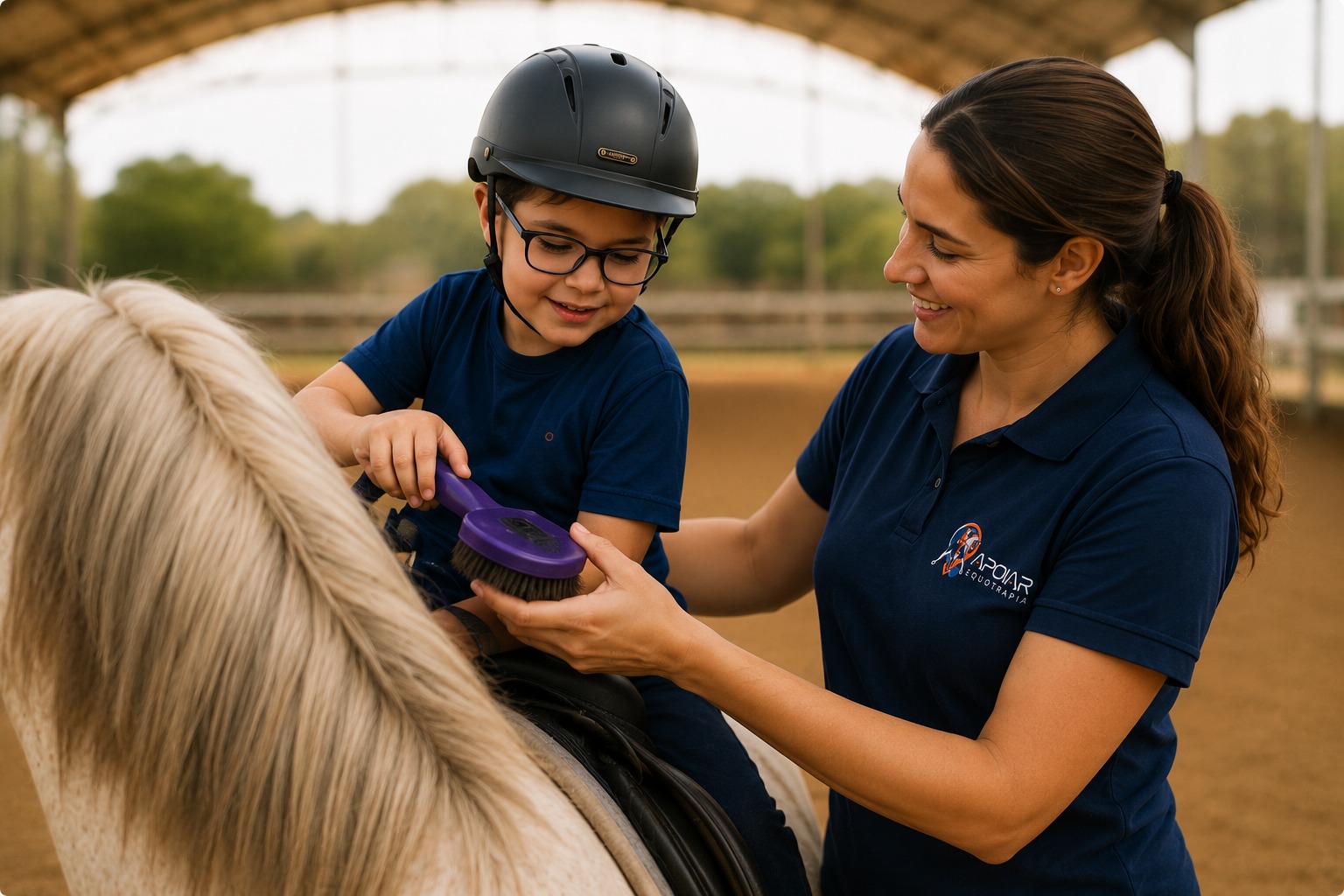 Praticante sorrindo durante sessão de equoterapia